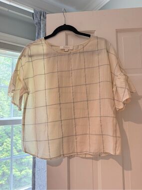 Vince Camuto Cream Blouse with Gray Windowpane Grid